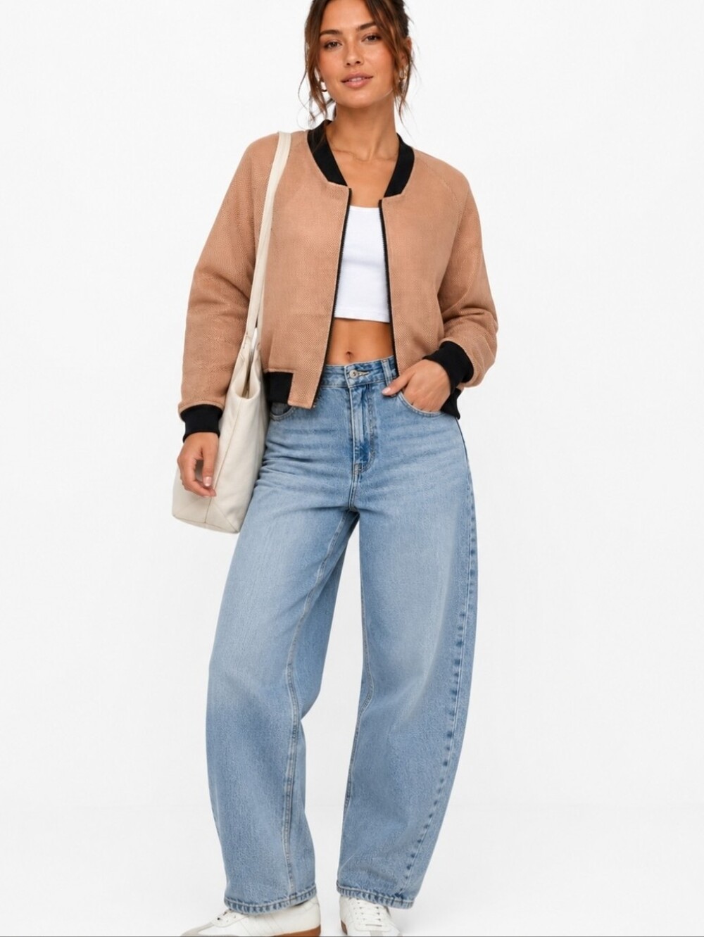 Second Female Sira Cropped Mesh Tan/Carmel Bomber Jacket Black Trim, Small NWT